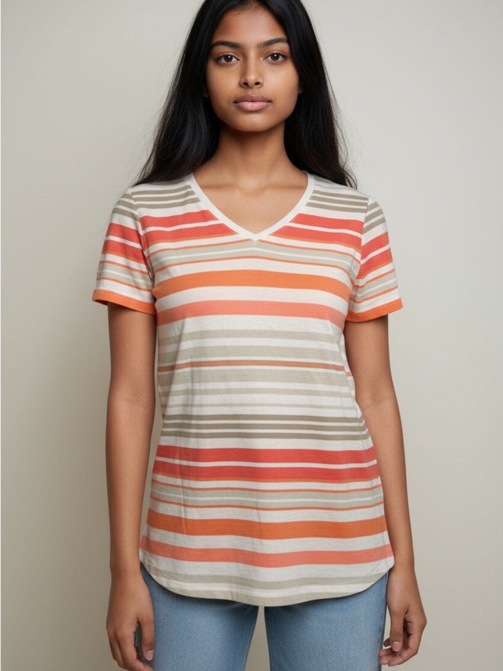 Women's Croft & Barrow Striped V-Neck Tee in Coral and Cream Size Small